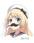  1girl blonde_hair blue_eyes character_name close-up fake_facial_hair fake_mustache gloves hat highres jervis_(kancolle) kantai_collection looking_at_viewer sailor_collar sailor_hat simple_background solo swept_bangs twirling_mustache upper_body white_background white_gloves white_headwear yuki_4040 