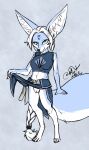  2023 anthro blokfort blue_body blue_eyes bottomless bottomwear braided_hair breasts canid canine clothed clothing clothing_lift dress female fennec fox gem genitals hair hi_res kalta_(blokfort) looking_at_viewer mammal pussy sketch skirt skirt_lift smile white_body white_hair 