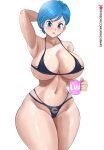  1girl arachnart bikini black_bikini blue_eyes blue_hair blush breasts bulma capsule_corp cleavage covered_nipples cup dragon_ball dragon_ball_super highres holding holding_cup large_breasts looking_at_viewer red_lips short_hair swimsuit thighs thong 
