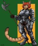  2023 anthro armor breastplate clothed clothing digital_media_(artwork) domestic_cat felid feline felis female fully_clothed fur gauntlets gloves greaves hair halberd handwear hi_res holding_halberd holding_melee_weapon holding_object holding_weapon jess_blackwood mammal melee_weapon orange_body orange_eyes orange_fur polearm red_hair short_hair simple_background smile solo standing tabby_cat thelivingshadow weapon 