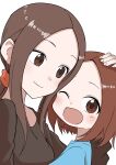  2girls ;d absurdres blush brown_eyes brown_hair closed_mouth headpat highres inaba_mifumi karakai_jouzu_no_takagi-san long_hair mother_and_daughter multiple_girls nishikata_chii one_eye_closed open_mouth parted_bangs ponytail shirt sidelocks simple_background smile takagi-san white_background 