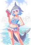  2girls alternate_costume bare_legs bare_shoulders bikini blowhole blue_bikini blue_eyes blue_hair cetacean_tail common_bottlenose_dolphin_(kemono_friends) common_dolphin_(kemono_friends) dolphin_girl dorsal_fin fins fish_tail frilled_bikini frills grey_hair highres holding holding_water_gun kemono_friends kosai_takayuki multicolored_hair multiple_girls ocean sharp_teeth short_hair sleeveless spaghetti_strap swimsuit tail teeth water_gun 