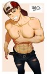  1boy abs backwards_hat bara baseball_cap belt beom_liben black_belt black_pants brown_hair gyaran_do69 hat highres large_pectorals looking_at_viewer male_focus muscular muscular_male navel nipples open_belt original pants pectorals second-party_source short_hair smile solo teeth topless_male translation_request 