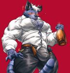  absurd_res anthro blush blush_lines bulge clothed clothing felid feline growth hi_res male mammal meme mu_serval muscle_growth muscular muscular_male open_clothing open_shirt open_topwear pecs serval shirt solo suit surprise teseirei topwear torn_clothing until_it_snaps 