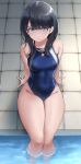  1girl bare_shoulders black_hair blue_eyes breasts closed_mouth competition_swimsuit covered_navel goggles goggles_around_neck gridman_universe groin highleg highleg_swimsuit highres long_hair medium_breasts one-piece_swimsuit pool poolside sitting smile soaking_feet solo ssss.gridman swimsuit takarada_rikka thighs tile_floor tiles tsukumo_momo 