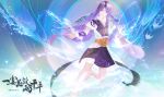  1girl absurdres asymmetrical_sleeves bare_legs barefoot chinese_clothes closed_mouth floating full_body hair_ornament hairpin highres leg_up long_hair papa_ya_0v0 purple_eyes purple_hair qin_shi_ming_yue second-party_source shao_siming_(qin_shi_ming_yue) single_hair_ring smile solo veil water 