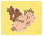  2023 5_toes anklet anthro bear clairebear claws clothed clothing feet female flower flower_crown foot_focus hi_res holding_both_legs jewelry mammal paw_day pawpads plant solo strawbear toe_claws toes topless topless_female 