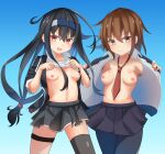  2girls bare_shoulders black_hair blazer blue_headband breasts brown_hair commission hachimaki hatsushimo_(kancolle) headband jacket kantai_collection loose_necktie multiple_girls necktie nipples nude open_mouth skeb_commission small_breasts void_(k-t-m-777) wakaba_(kancolle) 