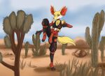  anthro black_body black_fur braixen canid canine desert female fighting_pose fox fur generation_6_pokemon hi_res mammal nintendo pokemon pokemon_(species) pose red_body red_fur solo spike_the_furry yellow_body yellow_fur 