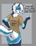  anthro azucaster bootywithabolt butt canid canine canis clothing dialogue fur hair hi_res looking_at_viewer male mammal simple_background smile solo tail text topwear 