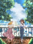  2girls alternate_costume blonde_hair blue_pants braid brown_eyes building cattleya_(a_yel_ttac) cityscape clear_sky fedora from_behind hat highres maribel_hearn medium_hair mob_cap multiple_girls outdoors pants purple_skirt railing sandals shirt short_hair side_braid skirt sky touhou tree usami_renko white_shirt yellow_eyes 