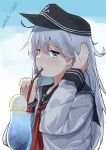  1girl absurdres anchor_symbol black_headwear black_sailor_collar blue_eyes blush cream_soda dated dreamusun drink drinking drinking_straw flat_cap food grey_hair hair_between_eyes hat hibiki_(kancolle) highres ice_cream ice_cream_float kantai_collection long_hair long_sleeves neckerchief red_neckerchief sailor_collar school_uniform serafuku signature soda solo upper_body 