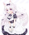  1girl :d animal_ear_fluff animal_ears apron black_bow bow commentary_request dress floral_background fox_ears fox_girl fox_tail frilled_apron frilled_dress frills grey_hair hair_between_eyes hair_bow hair_ornament hairclip highres long_hair looking_at_viewer maid maid_headdress original plaid plaid_dress pleated_dress purple_eyes shikito simple_background smile solo tail tray very_long_hair white_apron white_background wrist_cuffs 