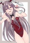  1girl animal_ears bare_shoulders bow bowtie detached_collar highres holding holding_hair leotard long_hair looking_at_viewer playboy_bunny rabbit_ears red_eyes red_leotard reisen_udongein_inaba solo strapless strapless_leotard takahashi_kouta touhou wrist_cuffs 