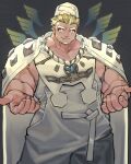  1boy absurdres ahura_mazda_(housamo) bara beard beckoning blonde_hair cape closed_mouth commentary_request cross-shaped_pupils emphasis_lines facial_hair grey_background hat highres looking_at_viewer male_focus multiple_wings muscular muscular_male outstretched_arms overalls shiratori_yokikana short_hair smile solo studded symbol-shaped_pupils thick_eyebrows tokyo_afterschool_summoners upper_body white_cape wings yellow_eyes 