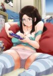  1girl artofhuan bed bookshelf bra bra_removed breasts brown_eyes brown_hair cleavage figure game_boy_advance glasses handheld_game_console highres indoors large_breasts long_hair manga_(object) navel original panties pillow pink_panties playing_games poster_(object) rug sitting striped striped_thighhighs thighhighs underwear window 