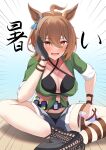  1girl absurdres agnes_tachyon_(lunatic_lab)_(umamusume) agnes_tachyon_(umamusume) ahoge animal_ears bikini black_bikini black_footwear black_gloves breasts brown_hair cleavage commentary_request criss-cross_halter cross-laced_footwear denim denim_shorts flask gloves green_jacket hair_between_eyes halterneck highres himuraanzu horse_ears horse_girl horse_tail indian_style jacket looking_at_viewer medium_breasts official_alternate_costume open_fly partial_commentary red_eyes round-bottom_flask sandals short_hair shorts single_glove sitting sleeves_rolled_up smile solo swimsuit tail thigh_strap tied_jacket translation_request umamusume 