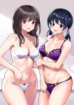  2girls :d bed black_hair blue_eyes blush bow bow_bra bow_panties bra breasts brown_hair clenched_hand collarbone commentary_request cowboy_shot groin hand_on_own_arm highres indoors lace-trimmed_bra lace_trim lips long_hair looking_at_viewer medium_breasts multiple_girls navel nobita_(nbnobita) original panties purple_bra purple_eyes purple_panties shiny_skin side-by-side smile standing twintails underwear underwear_only white_bra white_panties wide_hips wooden_floor 