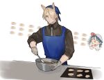  2boys :d ^_^ animal_ears apron arknights barefoot baseball_cap black_shirt blonde_hair blue_apron blue_hair blush_stickers character_request chibi closed_eyes closed_mouth collared_shirt gloves grey_gloves grey_headwear grey_necktie hair_over_one_eye hat head_scarf highres horse_ears long_sleeves male_focus mixing_bowl mlynar_(arknights) multiple_boys necktie rapid_punches senjou_no_pentsu shirt simple_background sketch smile solo_focus spatula upper_body v-shaped_eyebrows white_background white_shirt 
