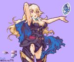  1girl arm_behind_back armor armpits black_armor blonde_hair blue_cape breasts cape corrin_(female)_(fire_emblem) corrin_(fire_emblem) crystal fire_emblem fire_emblem_fates glaceo hairband long_hair medium_breasts open_mouth outstretched_arm pixel_art purple_background red_eyes simple_background solo torn_clothes 