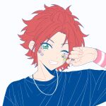  1boy bangs_pinned_back black_shirt ensemble_stars! fingernails green_eyes highres isara_mao jewelry llli_illli_illl looking_at_viewer male_focus necklace one_eye_closed red_hair shirt short_hair simple_background smile solo sticker_on_face teeth white_background wristband 