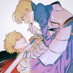  1boy 1girl ahoge armor artoria_pendragon_(fate) blonde_hair blue_dress blue_eyes braid braided_bun breastplate commentary_request dress earrings excalibur_(fate/stay_night) fate_(series) faulds finger_to_another&#039;s_mouth gauntlets gilgamesh_(fate) girl_on_top glaring gold_necklace grin hair_bun hand_up highres holding holding_sword holding_weapon jewelry juliet_sleeves lock lock_earrings long_sleeves looking_at_another looking_down lying necklace on_back open_mouth orange_eyes puffy_sleeves saber shaded_face short_hair single_hair_bun slit_pupils smile sword sword_to_throat v-shaped_eyebrows weapon zumu_(quw87) 