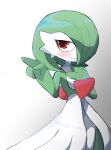  1girl absurdres blush bob_cut closed_mouth colored_skin commentary cowboy_shot flat_chest gardevoir gradient_background green_hair green_skin hair_over_one_eye half-closed_eyes hand_on_own_chest hands_up highres lettuce_no_hito looking_to_the_side multicolored_skin one_eye_covered pointing pokemon pokemon_(creature) red_eyes short_hair simple_background solo split_mouth standing two-tone_skin white_background white_skin 