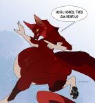  anthro canid canine cmitchell english_text fox fur hi_res long_tail male mammal pawpads paws red_body red_fur solo tail text vore yellow_eyes 