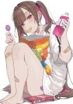 1girl absurdres bag_of_chips bandaid bandaid_on_leg barefoot bottle brown_hair candy chips_(food) colored_inner_hair commentary_request daluto_(hitomi555) ear_piercing feet food food_in_mouth highres holding holding_bottle holding_candy holding_food holding_lollipop knees_up lollipop looking_at_viewer multicolored_hair nail_polish original piercing pink_eyes pink_hair plastic_bottle pocky potato_chips shirt short_sleeves simple_background sitting solo sweat toenail_polish toenails toes twintails white_background white_shirt 