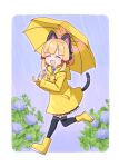  1girl :d ^_^ animal_ear_headphones animal_ears black_thighhighs blonde_hair blue_archive blue_flower boots bow closed_eyes commentary_request day drawstring facing_viewer fake_animal_ears flower full_body hair_bow halo harada_(sansei_rain) headphones highres holding holding_umbrella hood hood_down hooded_jacket jacket long_sleeves momoi_(blue_archive) parted_bangs rain raincoat red_bow rubber_boots sidelocks smile solo tail thighhighs umbrella yellow_footwear yellow_jacket yellow_umbrella 