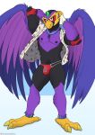  accipitrid accipitriform avian bird bulge capcom clothed clothing eagle green_eyes hi_res looking_at_viewer male mega_man_(series) mega_man_x_(series) muscular muscular_male open_clothing open_shirt open_topwear shirt simple_background solo spelunker_sal storm_eagle talons topwear underwear wings 
