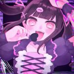  1girl :d black_hair blunt_bangs blush denonbu dress frills hair_ornament heart long_hair looking_at_viewer open_mouth pikaeru pink_eyes puffy_short_sleeves puffy_sleeves purple_dress reml short_sleeves smile solo twintails upper_body wrist_cuffs x_hair_ornament 