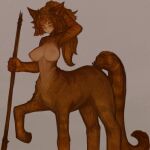  1:1 anthro big_breasts breasts brown_body brown_fur female fur grey_background long_tail looking_at_viewer multicolored_body multicolored_fur nipples nude orange_eyes simple_background solo syvaron tail taur three-quarter_view two_tone_body two_tone_fur walking_stick 