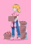  1girl alternate_costume blonde_hair blue_eyes blue_pants boots box cardboard_box crown denim earrings full_body gloves highres holding holding_box jeans jewelry looking_at_viewer mario_(series) medium_hair pants pink_background pink_footwear pink_shirt ponytail princess_peach saiwo_(saiwoproject) shirt short_sleeves simple_background solo sphere_earrings super_mushroom 