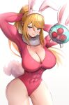  1girl abs absurdres animal_ears bad_anatomy blonde_hair breasts cleavage fake_animal_ears fake_tail gonzarez highres impossible_clothes impossible_leotard large_breasts leotard metroid metroid_(classic) metroid_(creature) muscular pink_leotard rabbit_ears samus_aran tail white_background 