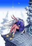  2girls architecture black_serafuku blue_eyes bug colored_skin commentary_request crescent_moon demon_girl demon_horns east_asian_architecture giant giantess grey_hair highres horns long_hair manabu_yashiro miniskirt moon multiple_girls oni oni_horns original purple_serafuku red_skin rooftop scarf school_uniform serafuku shoes sitting skirt sneakers spider unfinished 