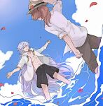  2boys :d abs adjusting_clothes adjusting_headwear alternate_costume black_male_swimwear blue_sky brown_headwear brown_pants cloud cloudy_sky collarbone day dutch_angle fate/grand_order fate_(series) flower grey_hair hair_between_eyes hat hat_flower hood hood_down jacket light_particles long_hair male_focus male_swimwear merlin_(fate) multiple_boys open_clothes open_jacket open_mouth orange_hair outstretched_arms pants petals ponytail red_flower romani_archaman ruoyin shirt sky sleeves_rolled_up smile standing swim_trunks very_long_hair wading water white_jacket white_shirt 