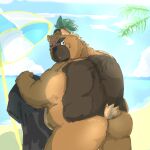  anthro beach brown_body brown_fur butt canid canine canis clothing domestic_dog eyebrows fur hi_res lifewonders male mammal musclegut nude okentya rear_view scar seaside solo thick_eyebrows tokyo_afterschool_summoners undressing yasuyori 