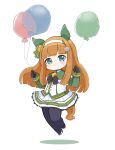  1girl absurdres animal_ears balloon black_bow black_gloves blue_eyes blush bow chibi closed_mouth commentary_request full_body gloves hairband highres holding holding_balloon horse_ears horse_girl horse_tail jacket layered_sleeves long_hair long_sleeves looking_at_viewer midair nozo_(hitomiz) orange_hair pleated_skirt puffy_short_sleeves puffy_sleeves shadow short_over_long_sleeves short_sleeves silence_suzuka_(umamusume) simple_background skirt solo tail transparent umamusume very_long_hair white_background white_hairband white_jacket white_skirt 