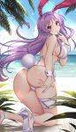  1girl animal_ears ass backlighting beach bikini breasts commentary_request day finger_to_mouth foot_out_of_frame hair_intakes hand_on_own_ass hand_up hataraki_kuma highres horizon large_breasts legs looking_at_viewer looking_back outdoors purple_eyes purple_hair rabbit_ears rabbit_tail reisen_udongein_inaba sideboob smile solo swimsuit tail thighs touhou water 