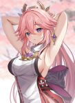  1girl :o armpits arms_behind_head arms_up blurry blurry_background blush breasts crossed_bangs genshin_impact hair_between_eyes hair_ornament harimoji highres large_breasts long_hair looking_at_viewer parted_lips pink_hair purple_eyes sideboob solo upper_body yae_miko 