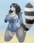  anthro big_breasts blackbetty breasts chubby_female cleavage clothed clothing female franciene_(tango&#039;s_family) hair hi_res looking_at_viewer mammal procyonid raccoon simple_background smile solo swimwear thick_thighs wide_hips 