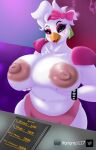  absurd_res accessory anthro avian big_breasts breasts chica_(fnaf) chubby_female elelite feathers female five_nights_at_freddy&#039;s five_nights_at_freddy&#039;s:_security_breach fur glamrock_chica_(fnaf) hi_res humanoid makeup nipples pink_body pink_fur pink_nose purple_eyes scottgames simple_background solo steel_wool_studios thick_thighs 