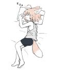  1girl ahoge animal_ear_fluff animal_ears arknights ass bare_arms bare_shoulders barefoot bed_sheet bike_shorts black_shorts brown_hair commentary_request fox_ears fox_girl fox_tail full_body grey_tank_top hands_up kamihine lying on_side pillow shorts solo sussurro_(arknights) tail tank_top zzz 