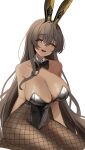  1girl :d absurdres bare_shoulders black_bow black_bowtie bow bowtie breasts brown_hair cleavage collarbone dark-skinned_female dark_skin detached_collar goddess_of_victory:_nikke highres large_breasts leotard long_hair nervous_smile noir_(nikke) open_mouth pecora_(udpf2448) playboy_bunny simple_background sitting smile solo teeth upper_teeth_only very_long_hair white_background 