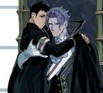  ace_attorney arm_ribbon barok_van_zieks chair closed_mouth elbow_gloves gloves height_difference hug looking_at_another male_focus multiple_views purple_hair ribbon ryunosuke_naruhodo scar scar_on_face shiawase_shitsudo_bata white_gloves yaoi 