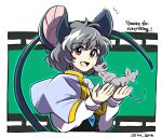  1girl :d animal animal_ears bangs capelet commentary_request grey_hair grey_shirt highres holding holding_animal jewelry long_sleeves looking_at_viewer mc_pyth mouse mouse_ears mouse_tail nazrin necklace notice_lines open_mouth red_eyes shirt short_hair smile solo tail touhou twitter_username 