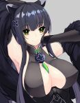  1girl :d animal_ear_fluff animal_ears bare_shoulders black_hair blue_archive breasts cleavage dress fur_trim green_eyes hair_ornament high_ponytail highres large_breasts long_hair looking_at_viewer reibun_(raven1119) shun_(blue_archive) smile solo upper_body 