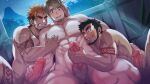  3boys abs another_eidos-r arm_tattoo bara beard black_hair blonde_hair blush brown_hair censored completely_nude erection facial_hair handjob jewelry large_pectorals leg_tattoo looking_at_another male_focus male_pubic_hair mosaic_censoring multicolored_hair multiple_boys multiple_rings muscular muscular_male night night_sky nude official_art outdoors pectorals penis pubic_hair red_hair ring scar scar_on_arm scar_on_face scar_on_nose short_hair sky smile tattoo teeth testicles thick_thighs thighs tongue tongue_out yaoi 