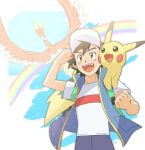  1boy :d ash_ketchum blue_jacket brown_eyes clenched_hands commentary_request ho-oh jacket male_focus morio_(poke_orio) open_mouth pikachu pokemon pokemon_(anime) pokemon_(creature) pokemon_journeys rainbow shirt short_hair shorts sleeveless sleeveless_jacket smile t-shirt teeth tongue upper_teeth_only white_shirt 